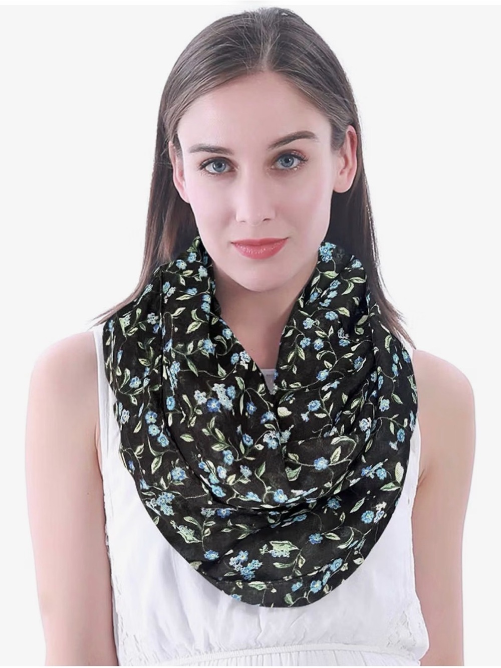 Lina & Lily Forget Me Not Flower Scarf-Color Negro-Black/Teal Blue